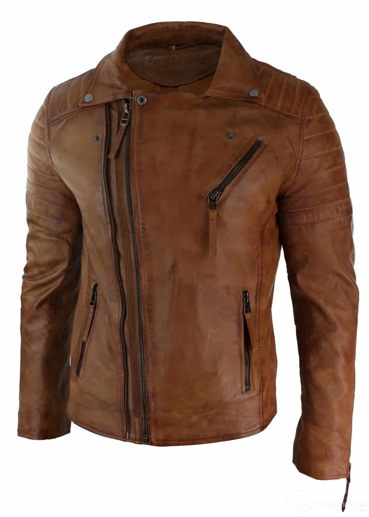 Äkta Läder Slim Fit Cross Zip Herr Retro Vintage Brando Jacka Vintage Biker-Tan