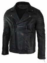 Äkta Läder Slim Fit Herr Cross Zip Retro Vintage Brando Jacka Vintage Biker-Ruboff Svart