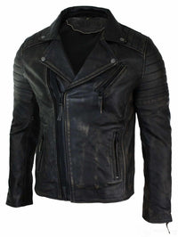 Äkta Läder Slim Fit Herr Cross Zip Retro Vintage Brando Jacka Vintage Biker-Ruboff Svart