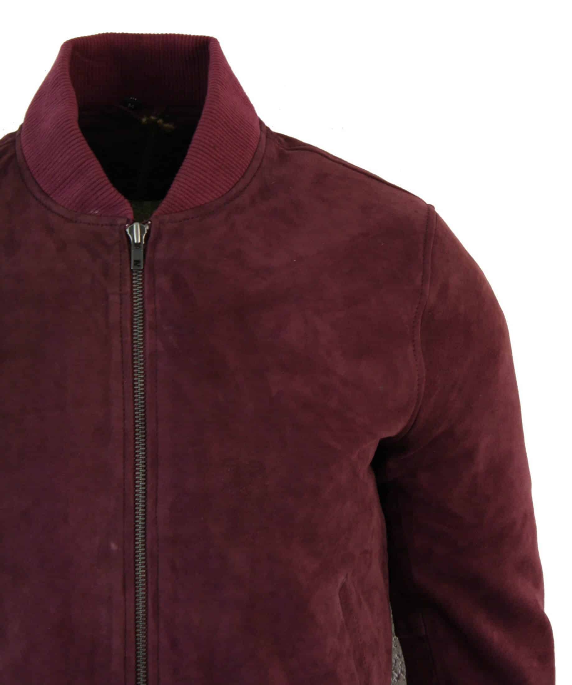 Varsity Herr Bomberjacka i Äkta Mocka Läder Klassisk Retro Vintage - Vinröd