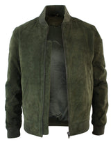 Varsity Herr Bomberjacka i Äkta Mocka Läder Klassisk Retro Vintage - Olivgrön