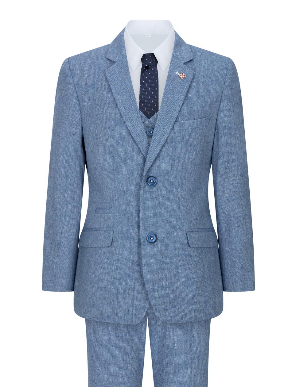 Pojkar 3-delad kostym i ull ljusblå tweed vintage 1920-tals klassisk väst med fyra fickor