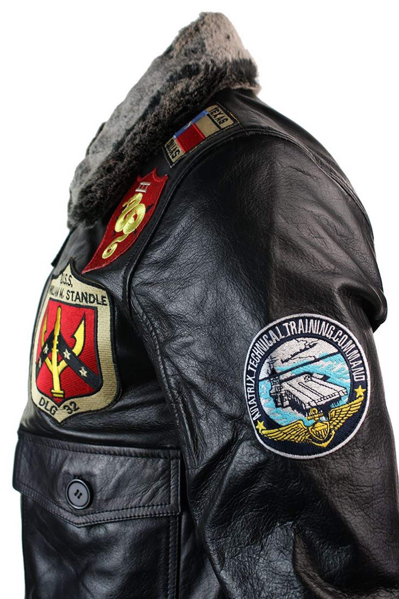 Herrjacka i äkta läder med pilottryck från US Aviator Air Force, svart pälskrage - Svart
