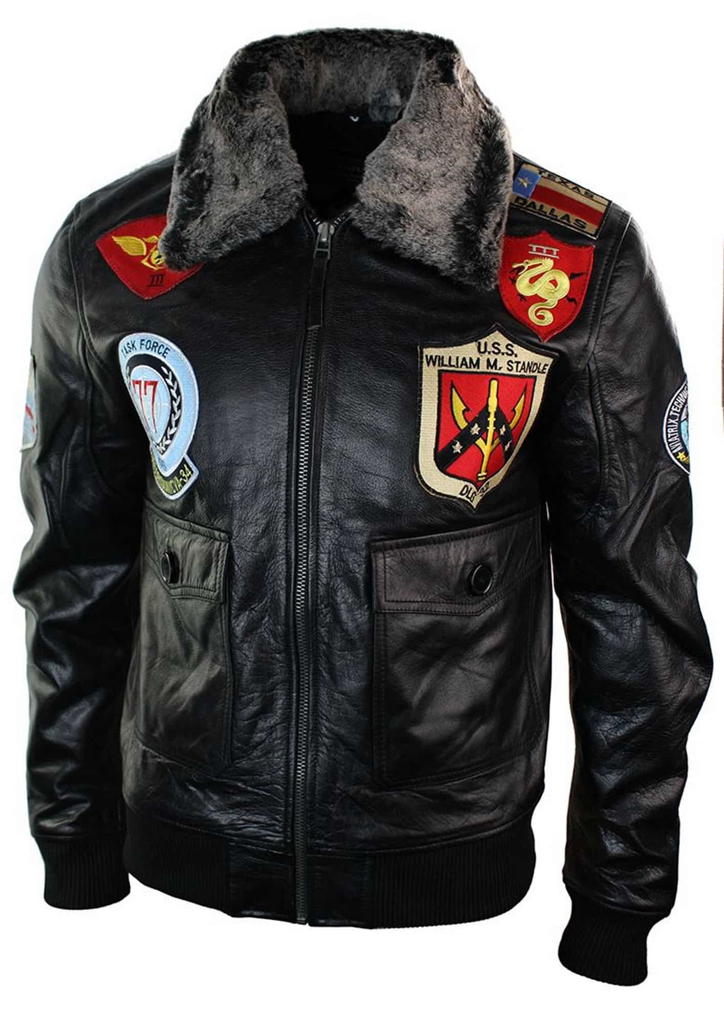 Herrjacka i äkta läder med pilottryck från US Aviator Air Force, svart pälskrage - Svart