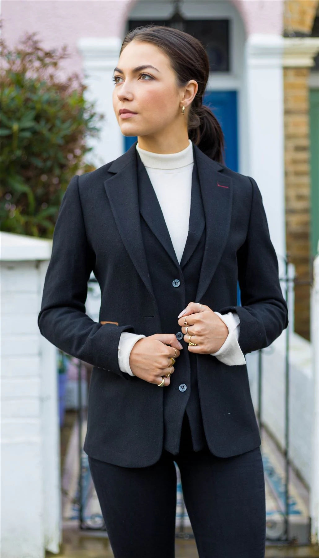 Damkavaj med ull, tweed, armbågslapp, 1920-tals vintage, klassisk svart