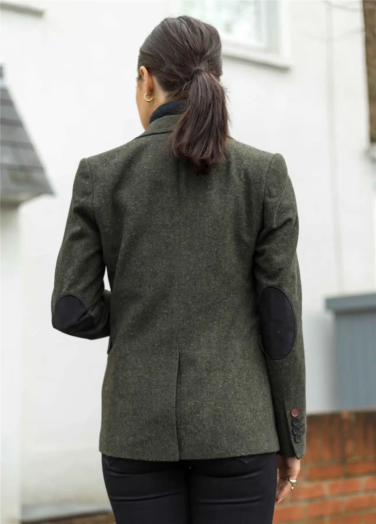 Damkavaj med ull, tweed, armbågslapp, 1920-tals vintage, klassisk grön