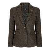 Damblazer i tweed, fiskbensmönstrad, brun, 1920-tals vintage, skräddarsydd, klassisk, elegant
