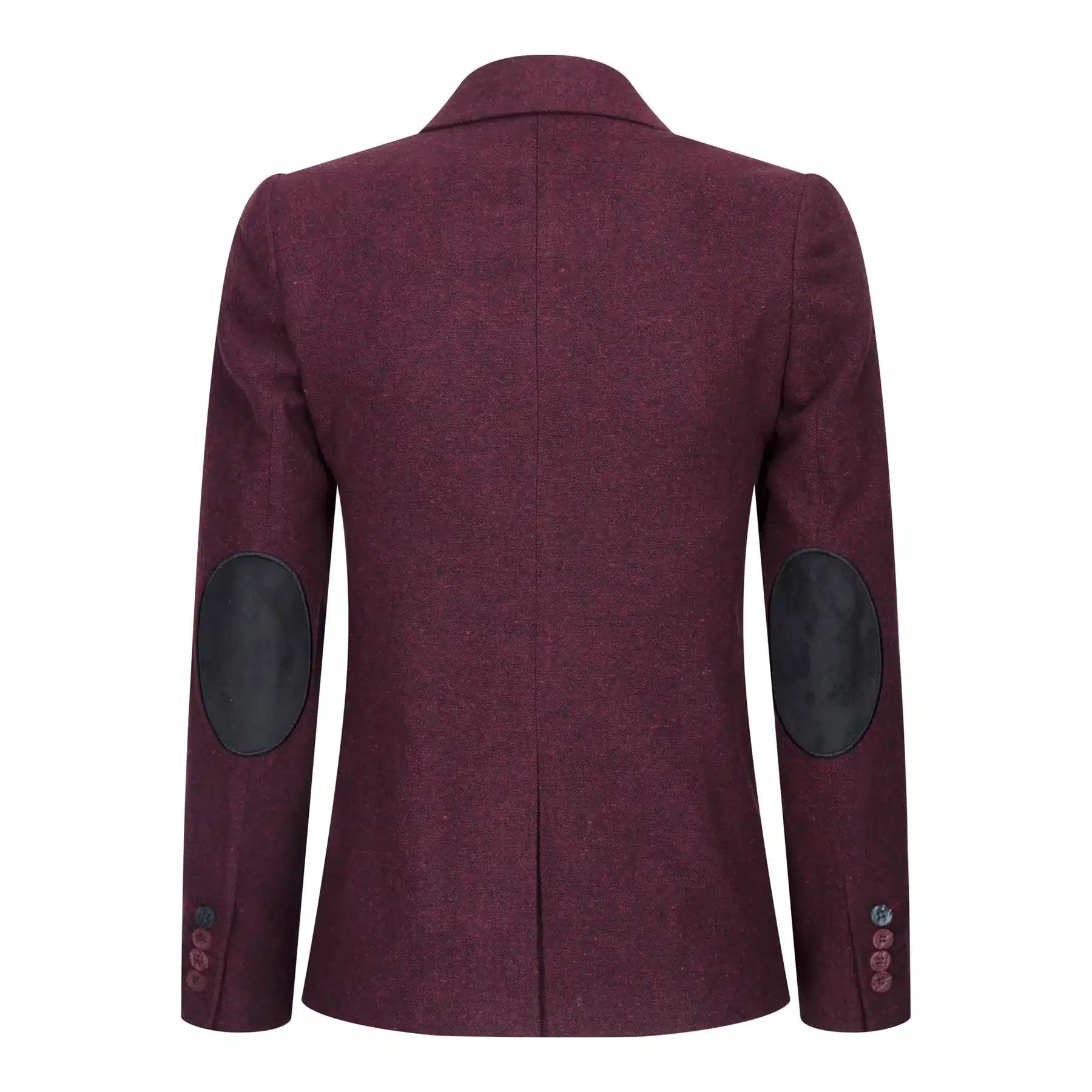 Damkavaj med ull, tweed, armbågslapp, 1920-tals vintage, klassisk, vinröd