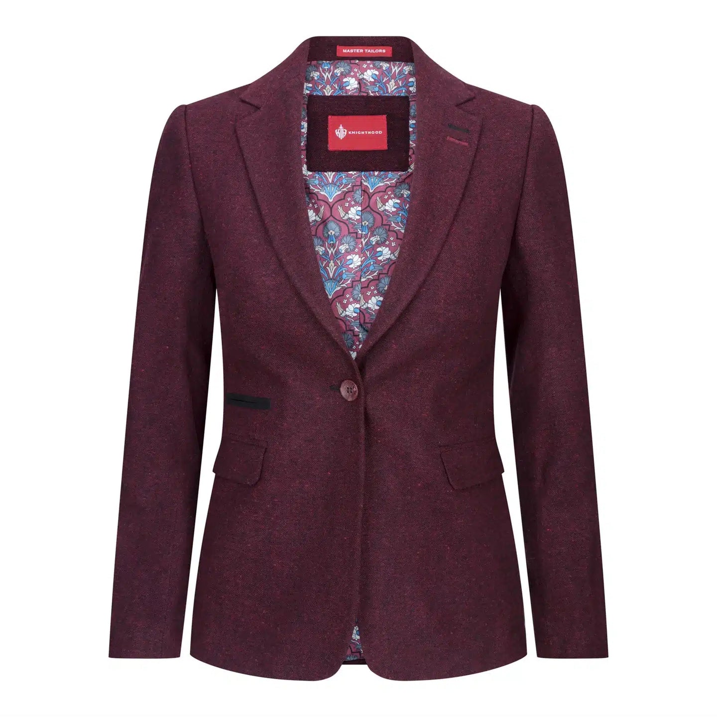 Damkavaj med ull, tweed, armbågslapp, 1920-tals vintage, klassisk, vinröd