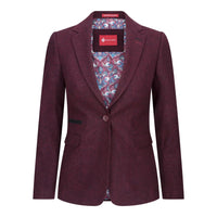 Damkavaj med ull, tweed, armbågslapp, 1920-tals vintage, klassisk, vinröd