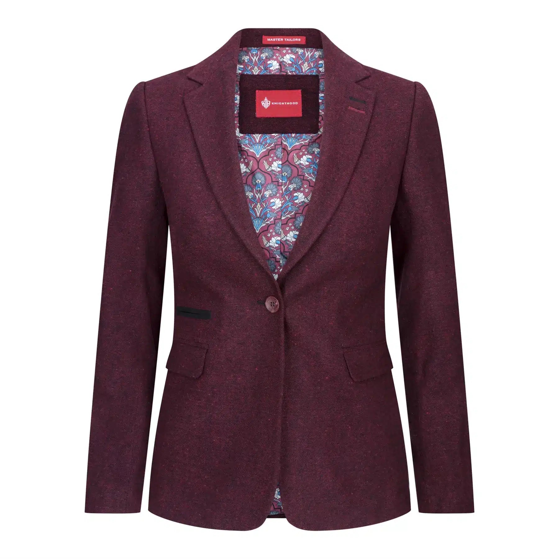 Damkavaj med ull, tweed, armbågslapp, 1920-tals vintage, klassisk, vinröd