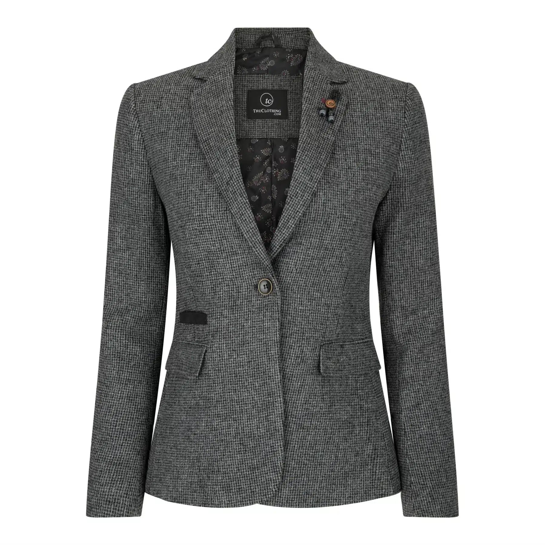 Dam Grå Tweed Fiskbensmönstrad Kavaj 1920-tals Peaky Tailored Fit Vintage Retro