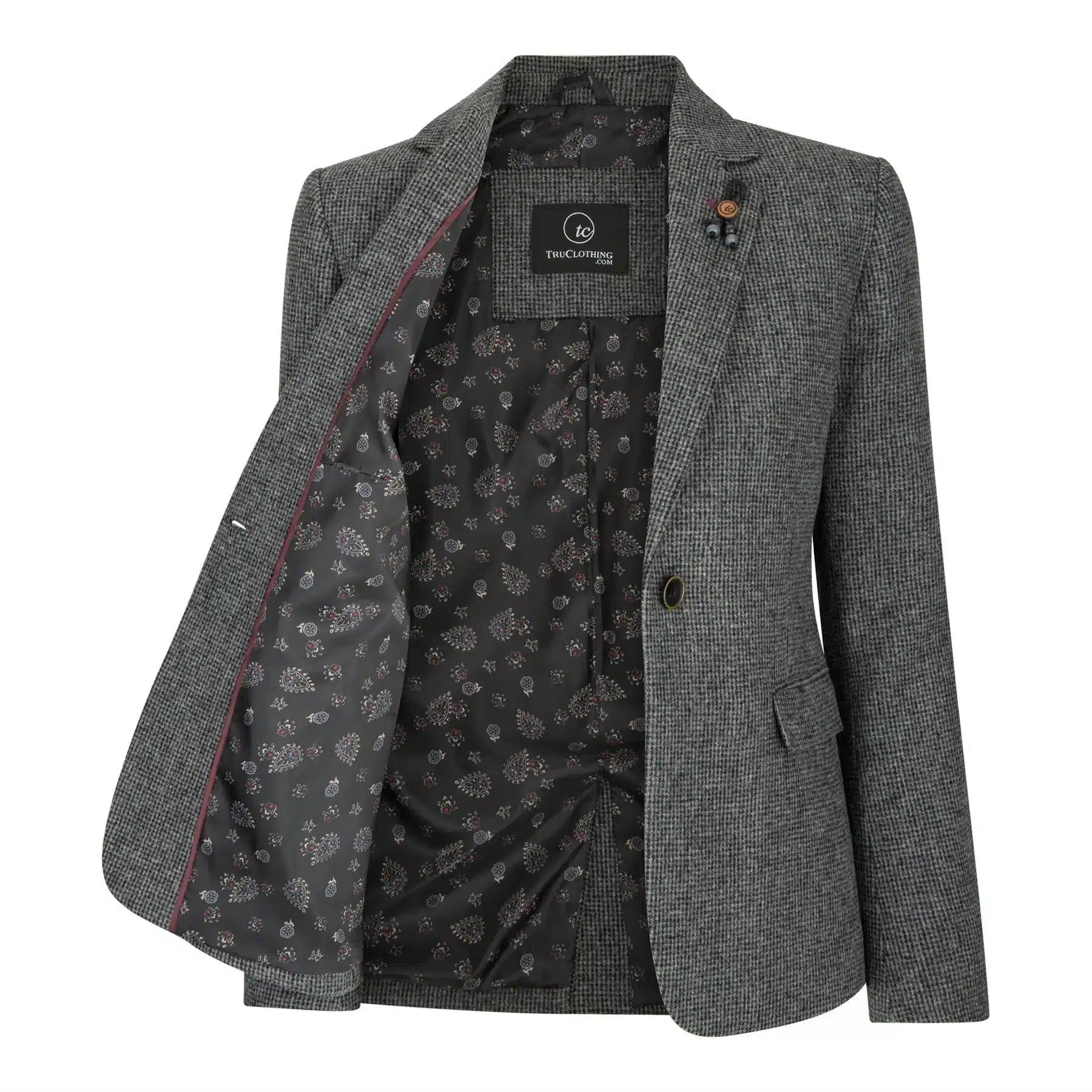Dam Grå Tweed Fiskbensmönstrad Kavaj 1920-tals Peaky Tailored Fit Vintage Retro