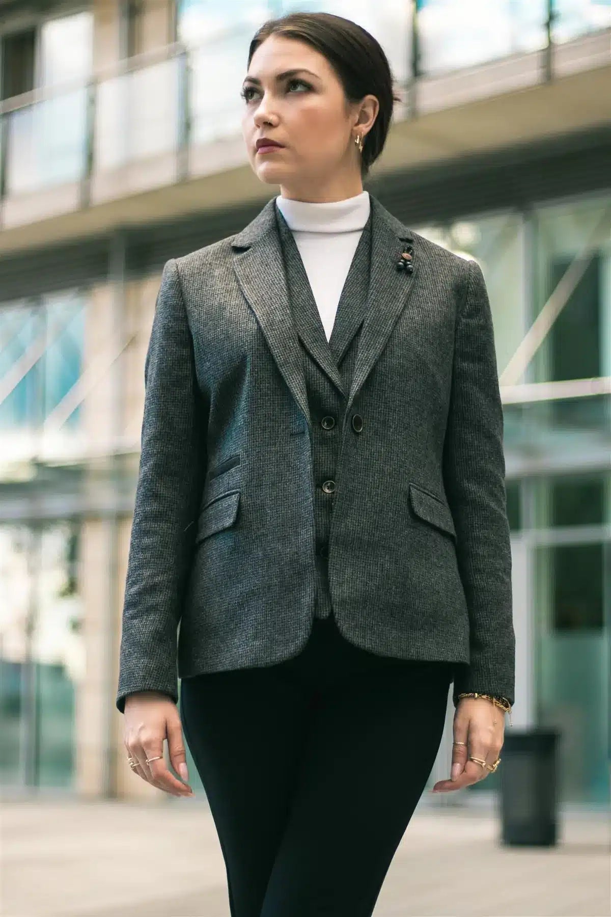 Dam Grå Tweed Fiskbensmönstrad Kavaj 1920-tals Peaky Tailored Fit Vintage Retro