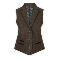 Damväst i tweed, fiskbensmönstrad, brun, 1920-tals vintage, skräddarsydd, klassisk, elegant