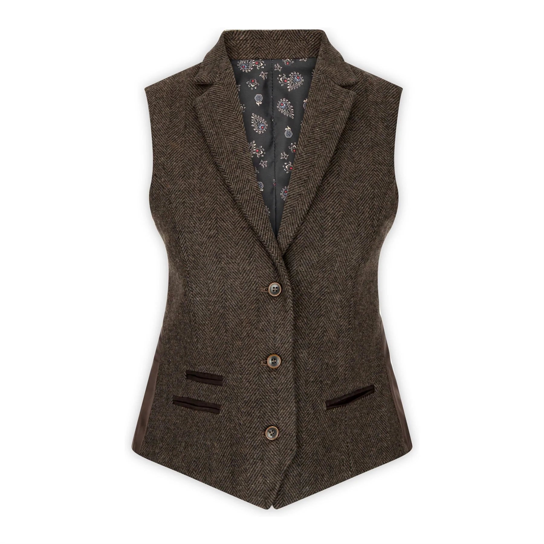 Damväst i tweed, fiskbensmönstrad, brun, 1920-tals vintage, skräddarsydd, klassisk, elegant