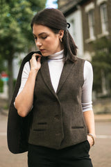 Damväst i tweed, fiskbensmönstrad, brun, 1920-tals vintage, skräddarsydd, klassisk, elegant