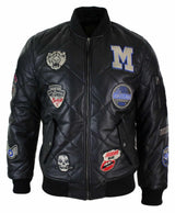Herr Quilted Puffer Varsity Baseball Bomberjacka i Äkta Läder med Letterman-märke