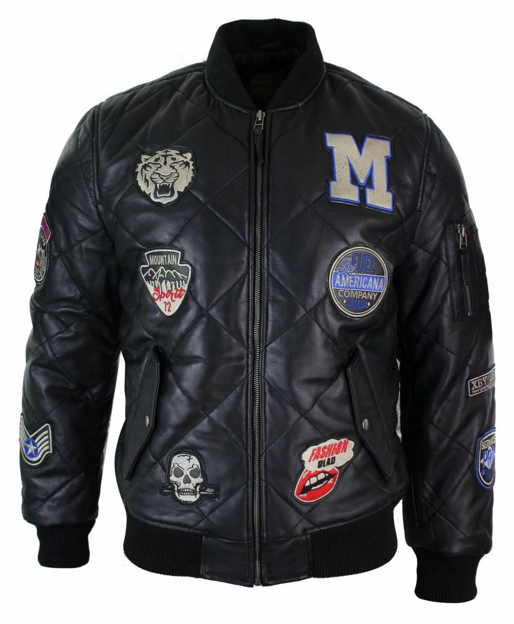 Herr Quilted Puffer Varsity Baseball Bomberjacka i Äkta Läder med Letterman-märke
