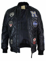 Herr Quilted Puffer Varsity Baseball Bomberjacka i Äkta Läder med Letterman-märke