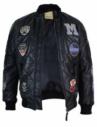 Herr Quilted Puffer Varsity Baseball Bomberjacka i Äkta Läder med Letterman-märke