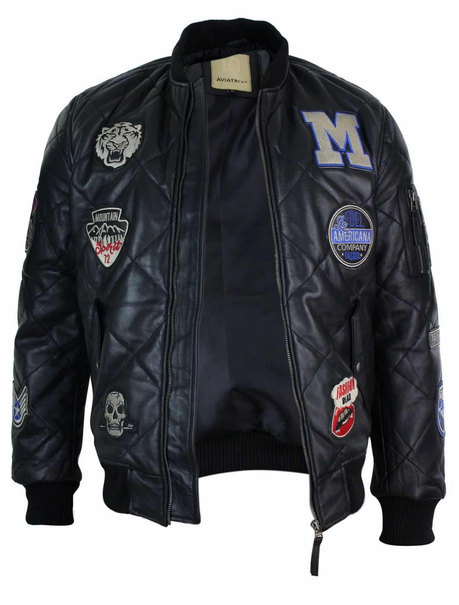 Herr Quilted Puffer Varsity Baseball Bomberjacka i Äkta Läder med Letterman-märke