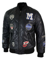 Herr Quilted Puffer Varsity Baseball Bomberjacka i Äkta Läder med Letterman-märke