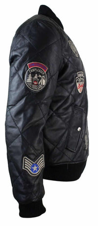 Herr Quilted Puffer Varsity Baseball Bomberjacka i Äkta Läder med Letterman-märke